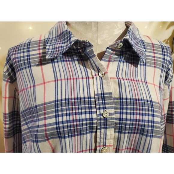 Talbots Classic Cotton Plaid Pearl Button Up Shirt Womens Plus 2X White Blue - Picture 5 of 9
